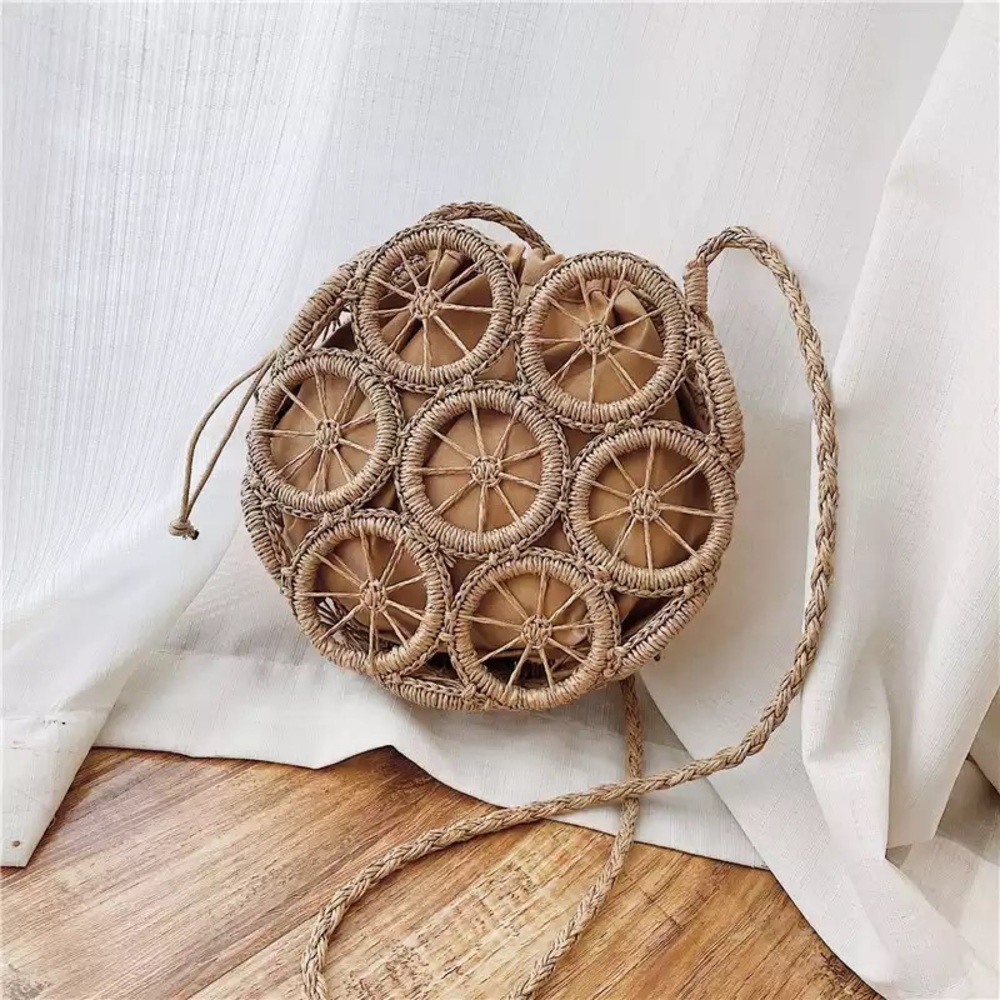 Open Weave Woven Round Straw Crossbody Bag